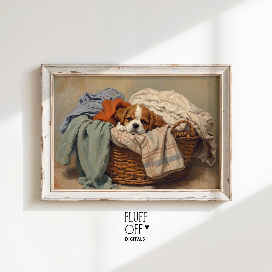 Vintage Sleepy Puppy In Laundry Basket Art Print