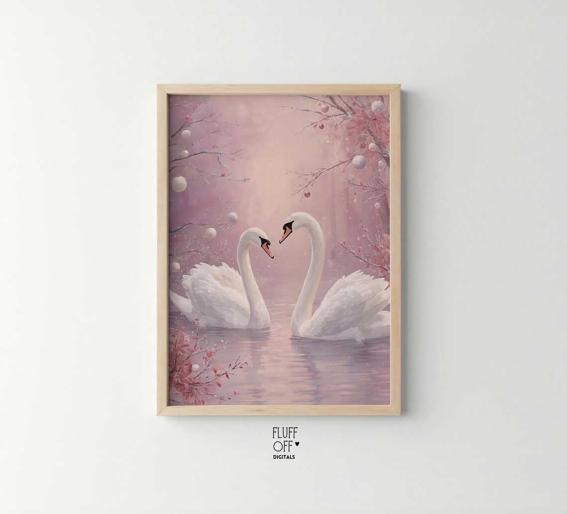 Winter Swan Couple Painting, Soft Pastel Nursery Art