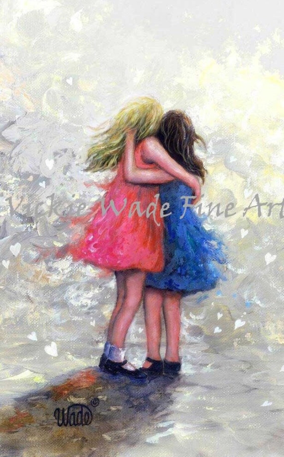 Two Sisters Hugging, Best Friends, Vickie Wade Art Print