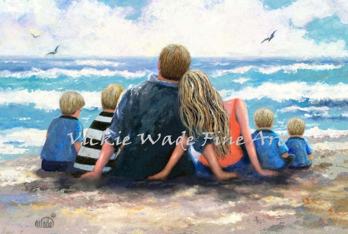 Family of Six Sitting Together on the Beach Watching Waves Poster