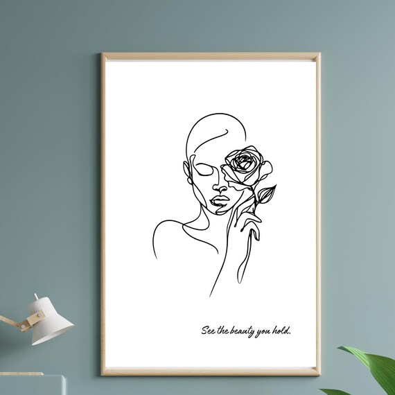 Woman Holding a Rose Line Art with Self Love Message Art Poster