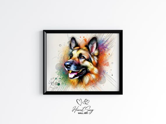 German Shepherd Vibrant Watercolor Art Rustic Dog Portrait Abstract Pet Wall Decor Colorful Painting 19