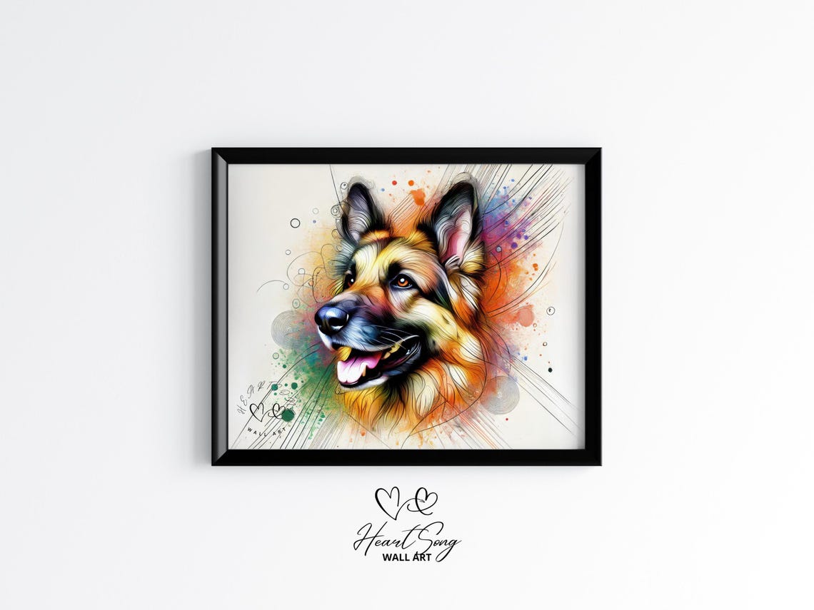 German Shepherd Vibrant Watercolor Art Rustic Dog Portrait Abstract Pet Wall Decor Colorful Painting 19