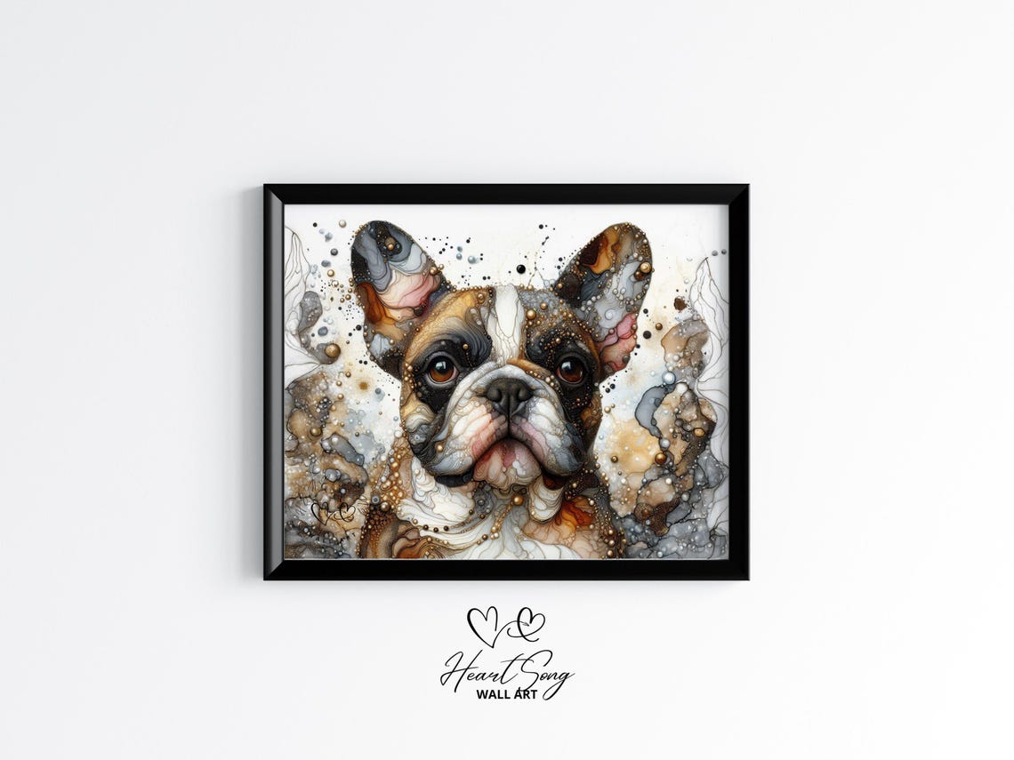 French Bulldog Dog Painting Rustic Abstract Wall Art In Alcohol Ink Style For Modern Decor Lovers 870