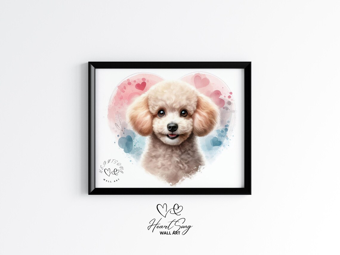 Cream Poodle Puppy Valentine Watercolor Hearts Cute Dog Poster