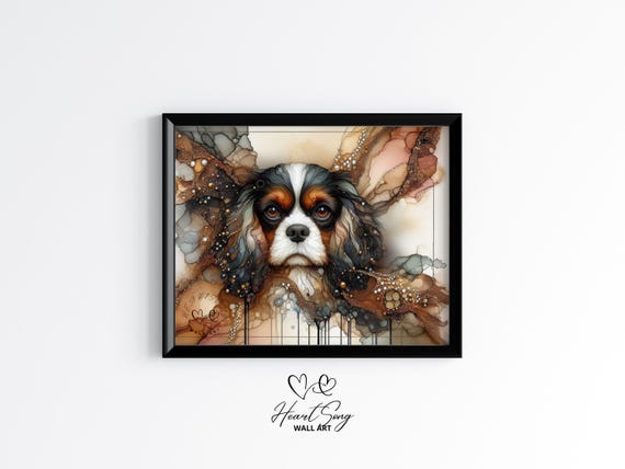 Cavalier King Charles Spaniel Dog Painting Rustic Abstract Wall Art In A Dreamy Alcohol Ink Composition For Modern Decor Love 845