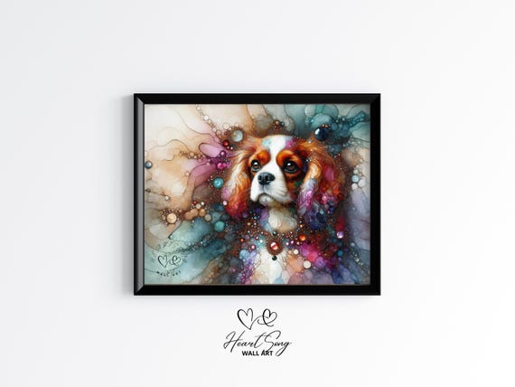 Cavalier King Charles Spaniel Dog Painting Rustic Abstract Wall Art In Modern Alcohol Ink Finish For Decor Lo 843