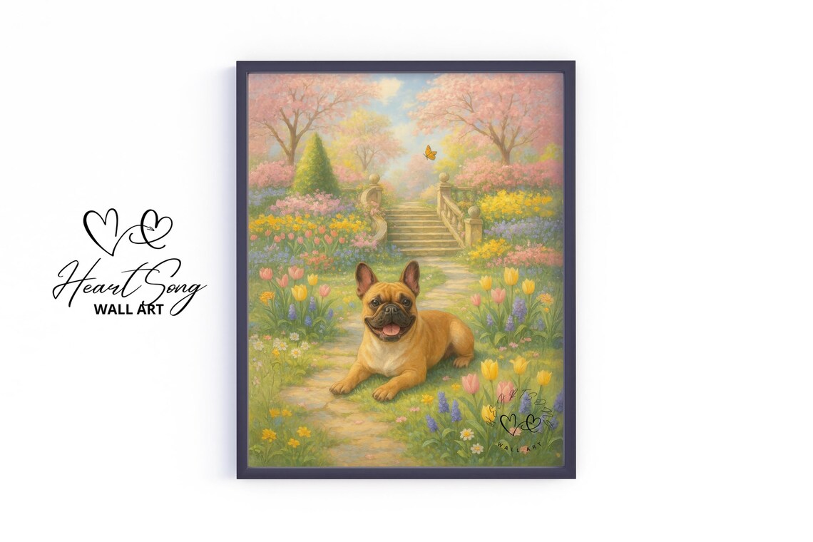 French Bulldog Spring Garden Tulip Floral Painting Cute Dog Poster