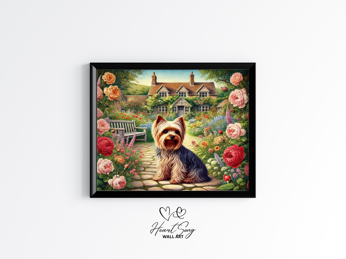 Yorkshire Terrier in Blooming Cottage Garden Vintage Floral Dog Print