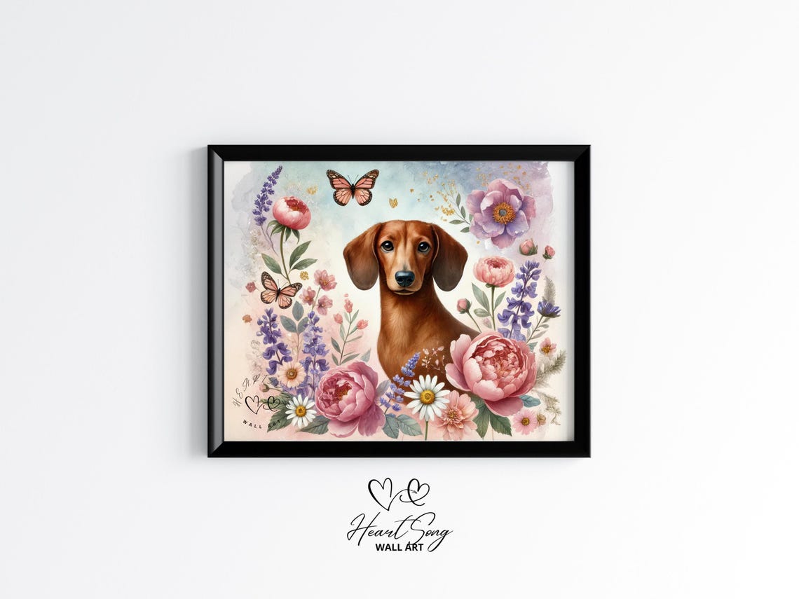 Dachshund Dog with Pink Peonies and Butterflies Watercolor Poster