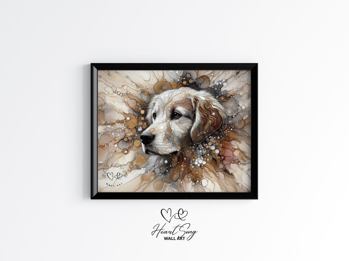 Golden Retriever Portrait Poster in Warm Neutral Alcohol Ink Style