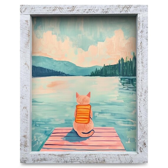 Orange Cat in Life Vest Watching Lake from a Dock Art Poster
