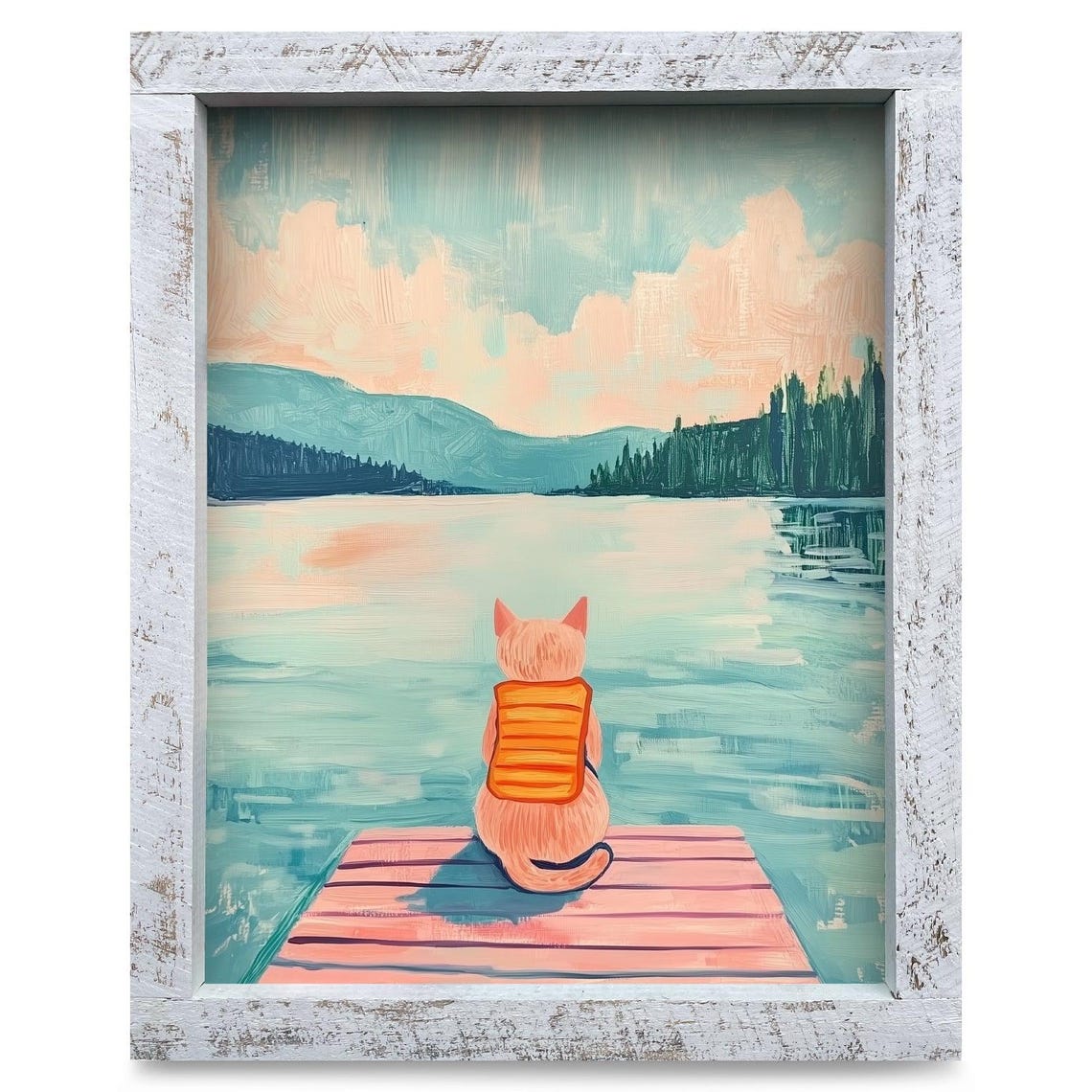 Orange Cat in Life Vest Watching Lake from a Dock Art Poster