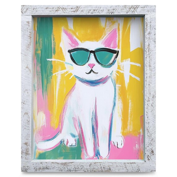 Cool White Cat Wearing Teal Sunglasses Colorful Pop Art Poster