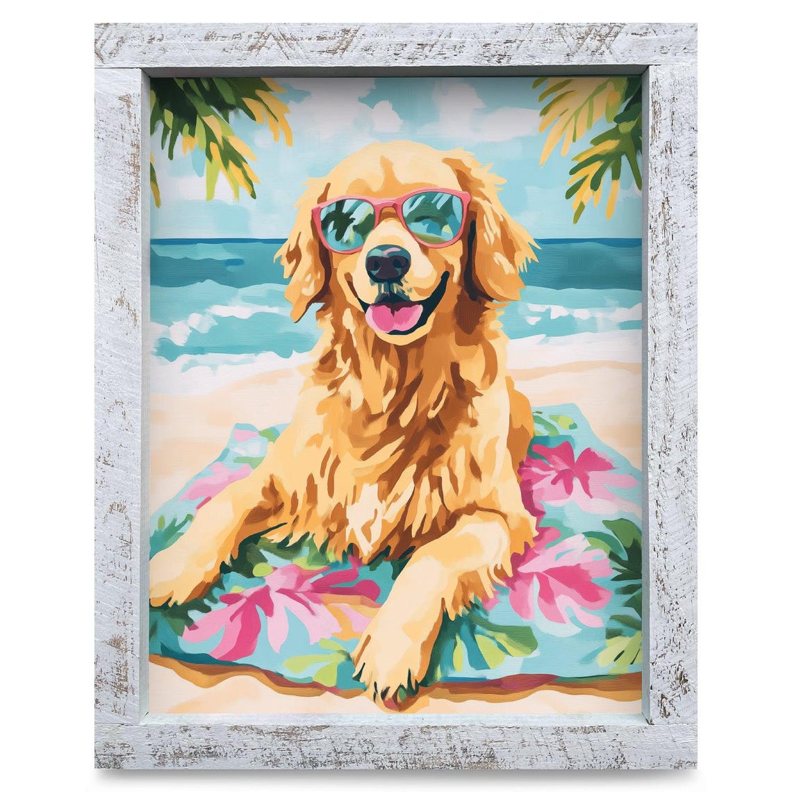 Golden Retriever Sunbathing in Sunglasses on a Sandy Beach Poster