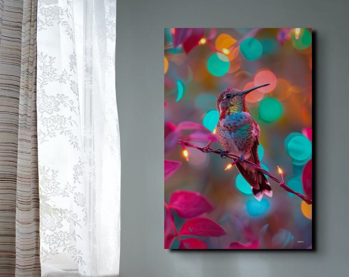 Colorful Hummingbird Perched on Glowing String Lights Poster