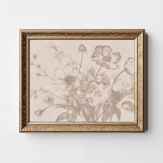 Blush Pink Floral Sketch Delicate Vintage Botanical Wall Poster