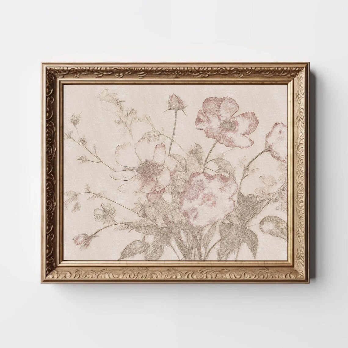 Blush Pink Floral Sketch Delicate Vintage Botanical Wall Poster