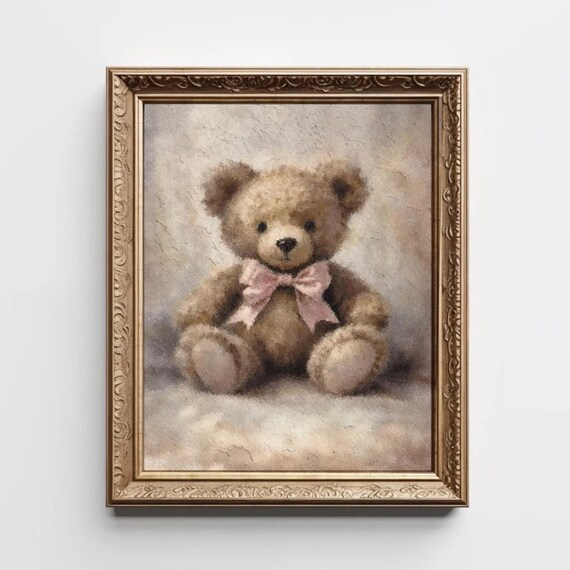 Vintage Teddy Bear With Pink Bow Soft Nursery Painting Poster