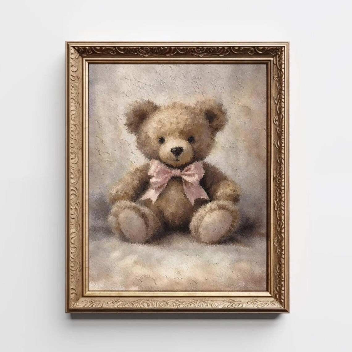 Vintage Teddy Bear With Pink Bow Soft Nursery Painting Poster