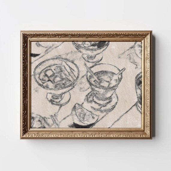 Vintage Cocktail Glasses Hand Drawn Sketch Bar Cart Decor Poster