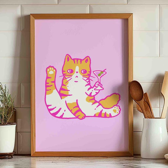 Cat Wall Art Print Pink With A Poster Cute Kitten Illustration Lover Gift Dopamine Unframed Shipped Mom