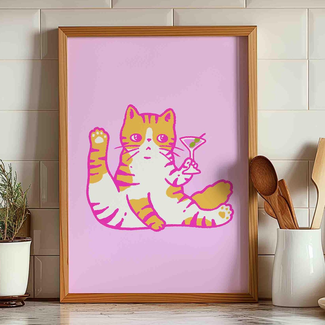 Cat Wall Art Print Pink With A Poster Cute Kitten Illustration Lover Gift Dopamine Unframed Shipped Mom