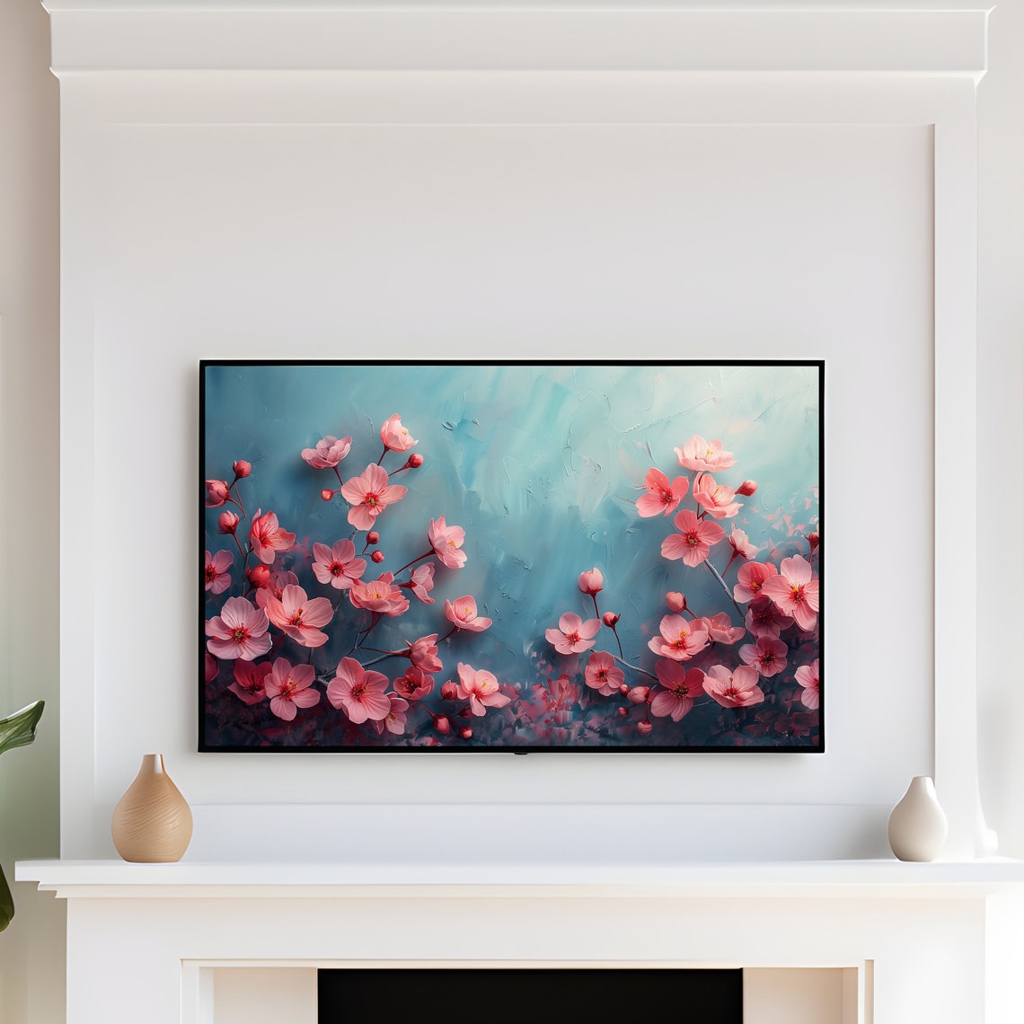 Pink Cherry Blossom Branches Textured Teal Background Art Print - Image 3