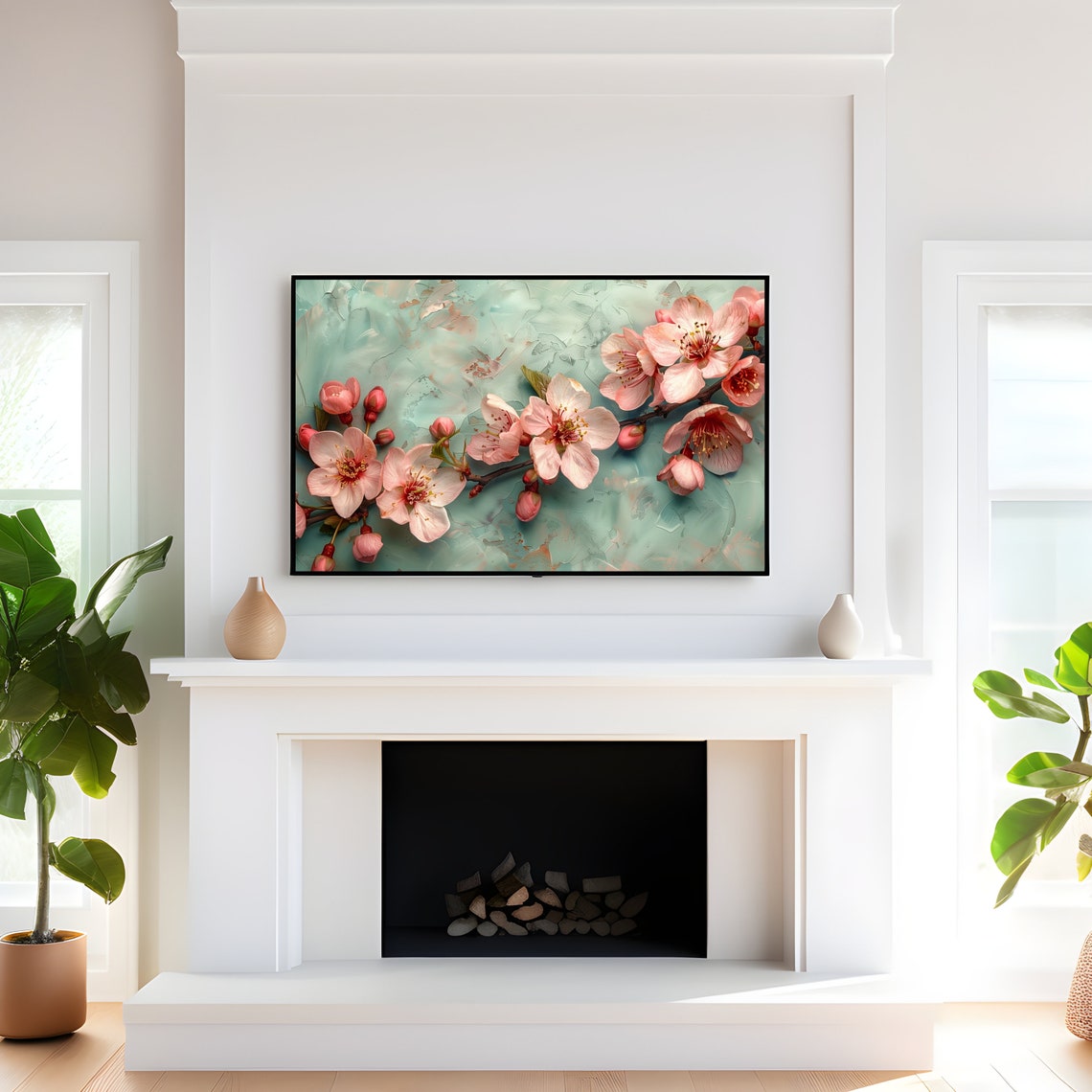 Pink Sakura Blossom Mint Textured Spring Branch Painting Art Print - Image 4