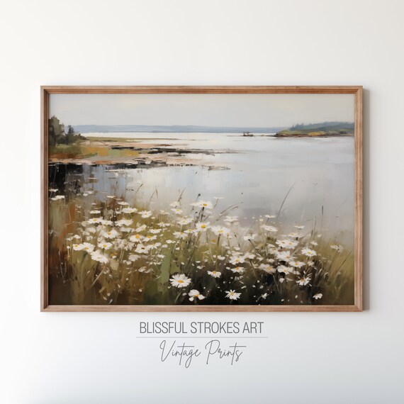 Coastal Daisies Calm Water Lake Misty White Wildflower Art Print
