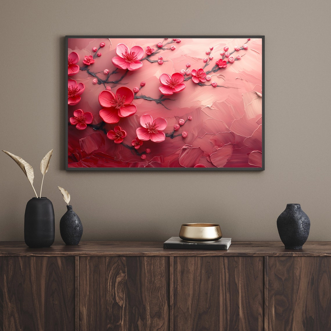 Red Pink Cherry Blossom On Blush Textured Floral Painting Poster - Image 2