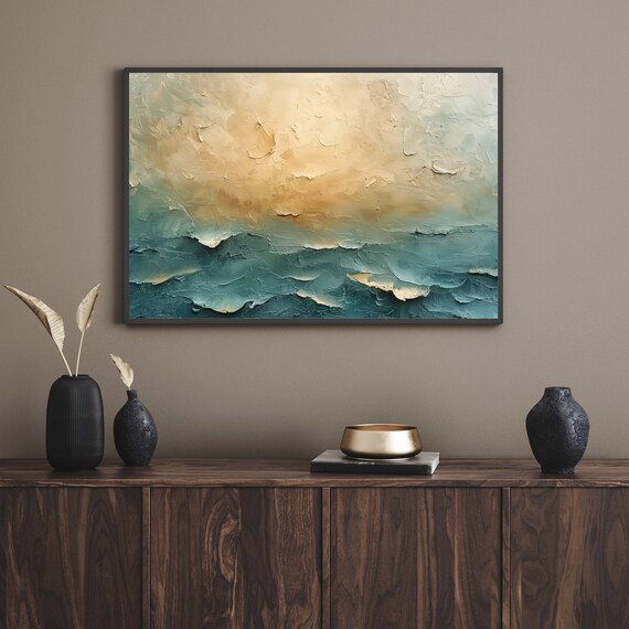 Abstract Textured Sunrise Seascape Gold Teal Modern Ocean Art Print