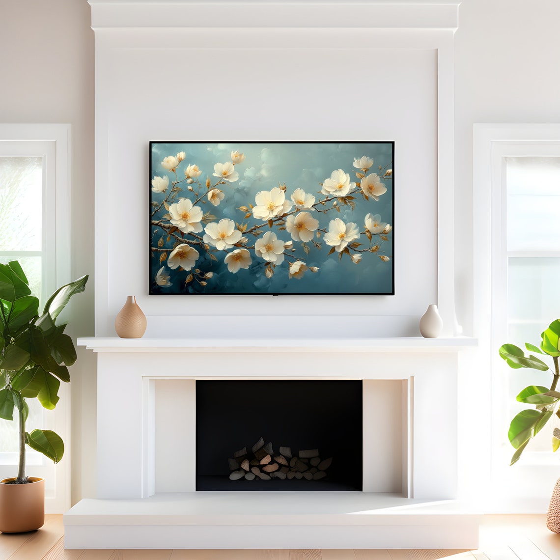 White Blossom Teal Textured Floral Branch Painting Art Print - Image 4