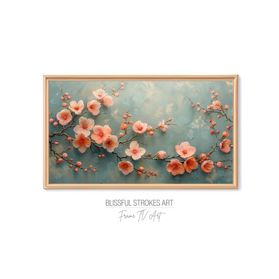Peach Blossom Branch Soft Teal Textured Spring Painting Art Print