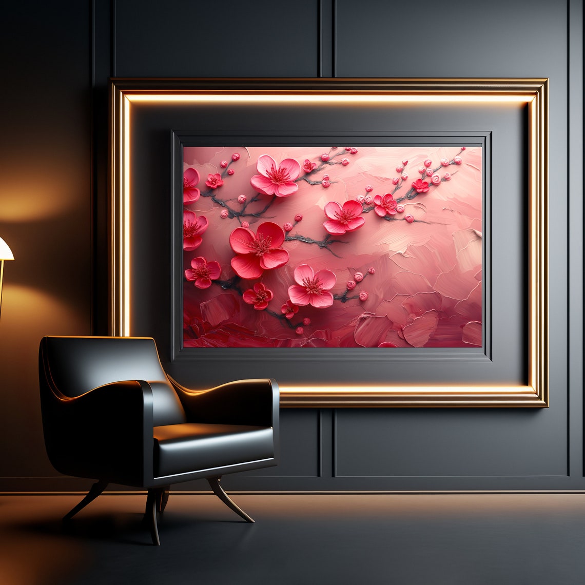 Red Pink Cherry Blossom On Blush Textured Floral Painting Poster - Image 3