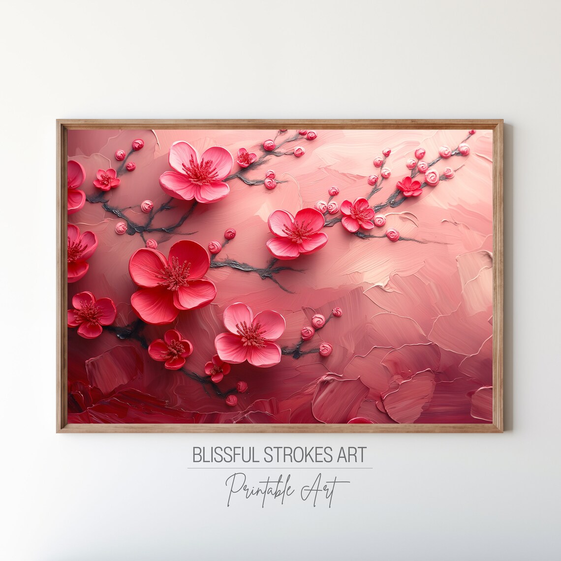 Red Pink Cherry Blossom On Blush Textured Floral Painting Poster