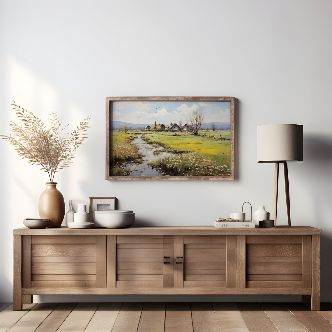 Sunny Alpine Village Stream Church Vintage Landscape Painting Art Print - Image 3