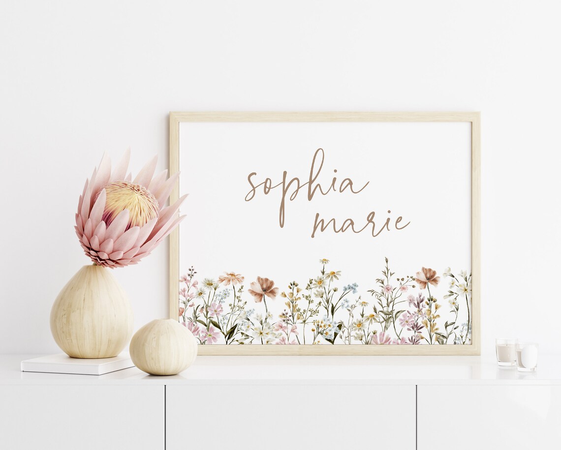 Name Sign Nursery Wall Art, Wildflower Boho Decor