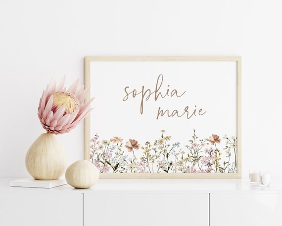 Name Sign Nursery Wall Art, Wildflower Boho Decor