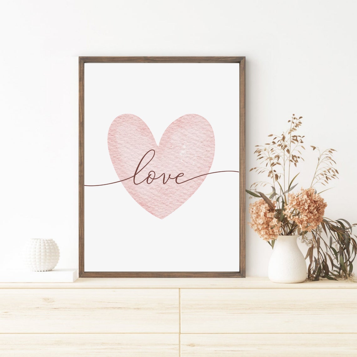 Love Script Blush Watercolor Heart Minimalist Home Wall Print