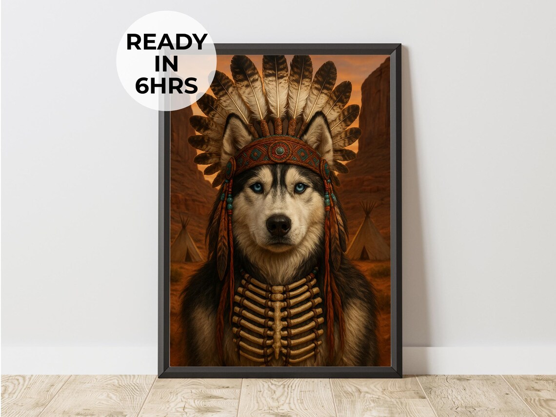 Husky Dog In Feather Headdress Bone Necklace Desert Sunset Warrior Poster