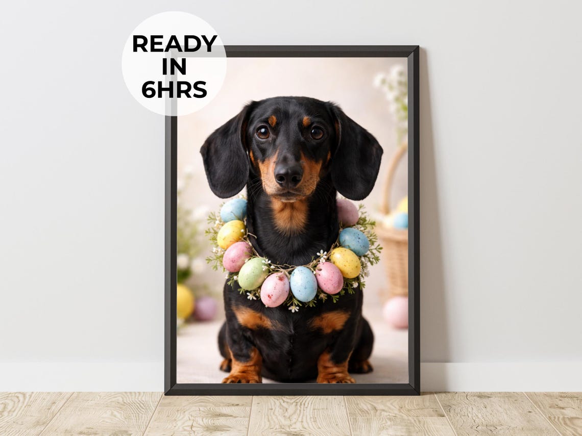 Custom Dachshund Easter Egg Wreath Spring Pet Portrait Poster
