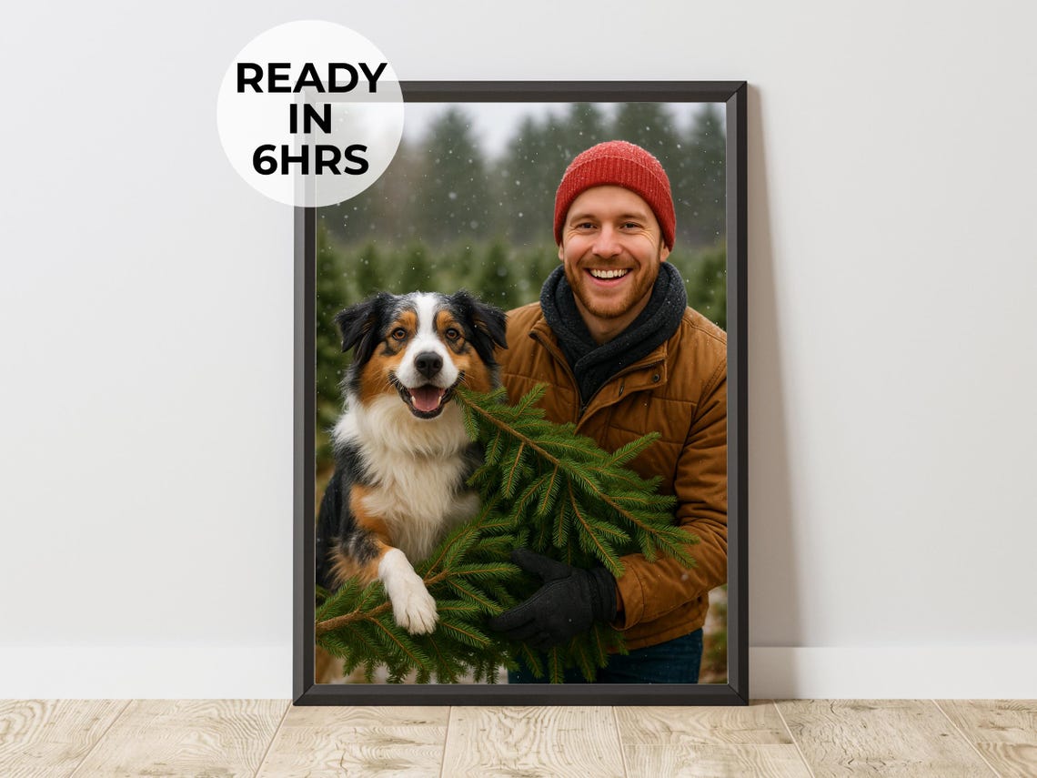Custom Pet And Owner Portrait, Christmas Dog Dad Gift