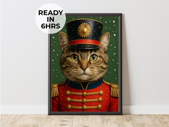 Tabby Cat Nutcracker Soldier Red Uniform Christmas Portrait Poster