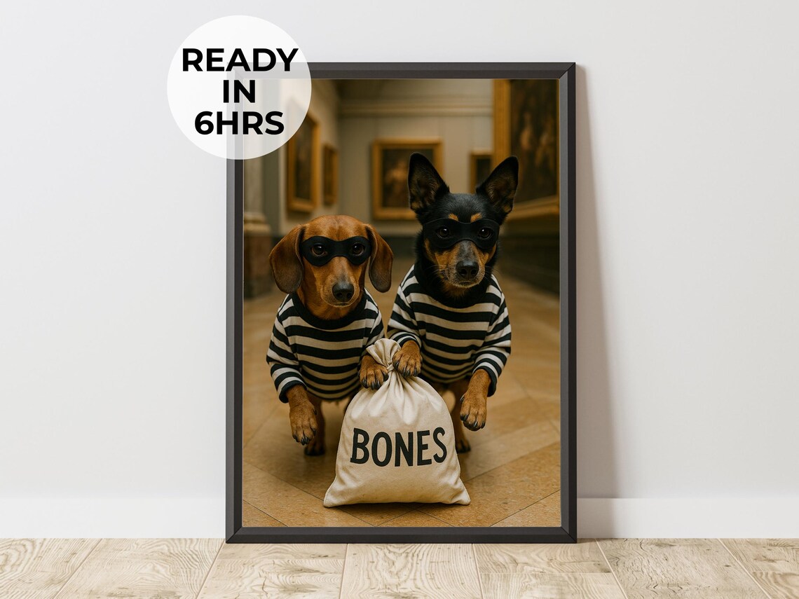 Custom Robber Pet Portrait Funny Bandit Dogs Heist Personalized Poster