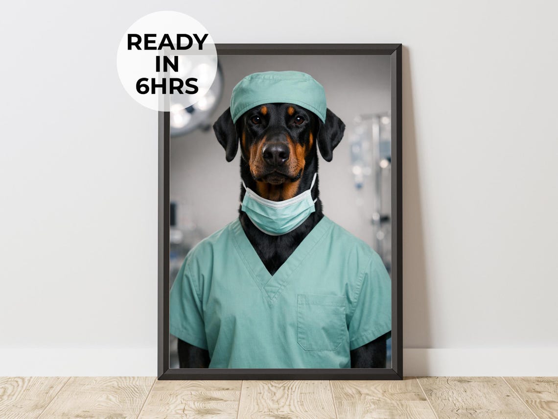 Doberman Pinscher Surgeon Scrubs Custom Doctor Dog Portrait Poster