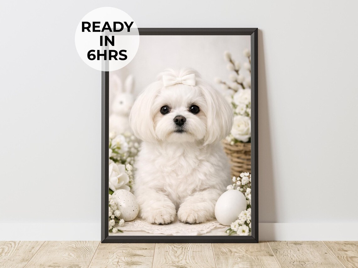 White Maltese Easter Dog Portrait With Bunny Eggs and Floral Bow Poster