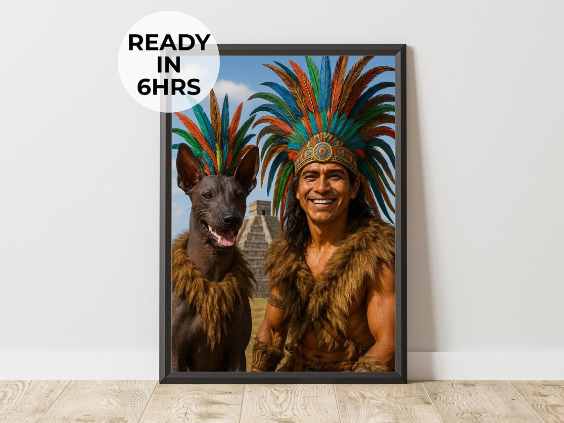 Aztec Warrior Xoloitzcuintli Pet Portrait Feather Headdress Poster