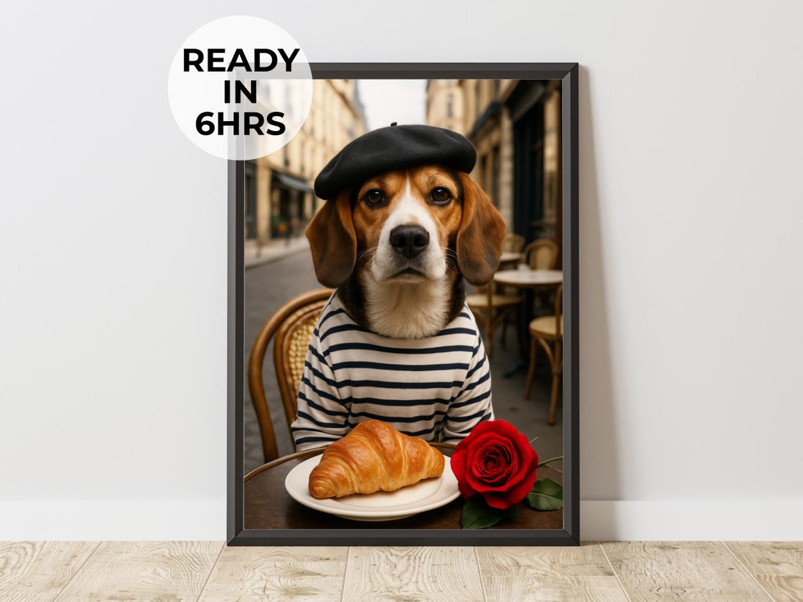 Custom Parisian Beagle Pet Portrait Funny French Dog Cafe Poster