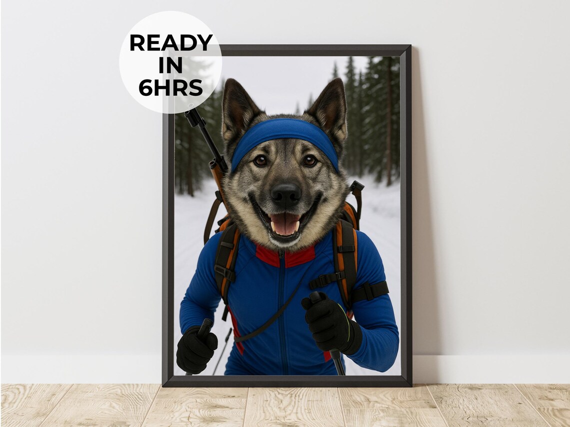 Biathlete Dog Custom Pet Portrait Skiing Rifle Winter Sport Poster